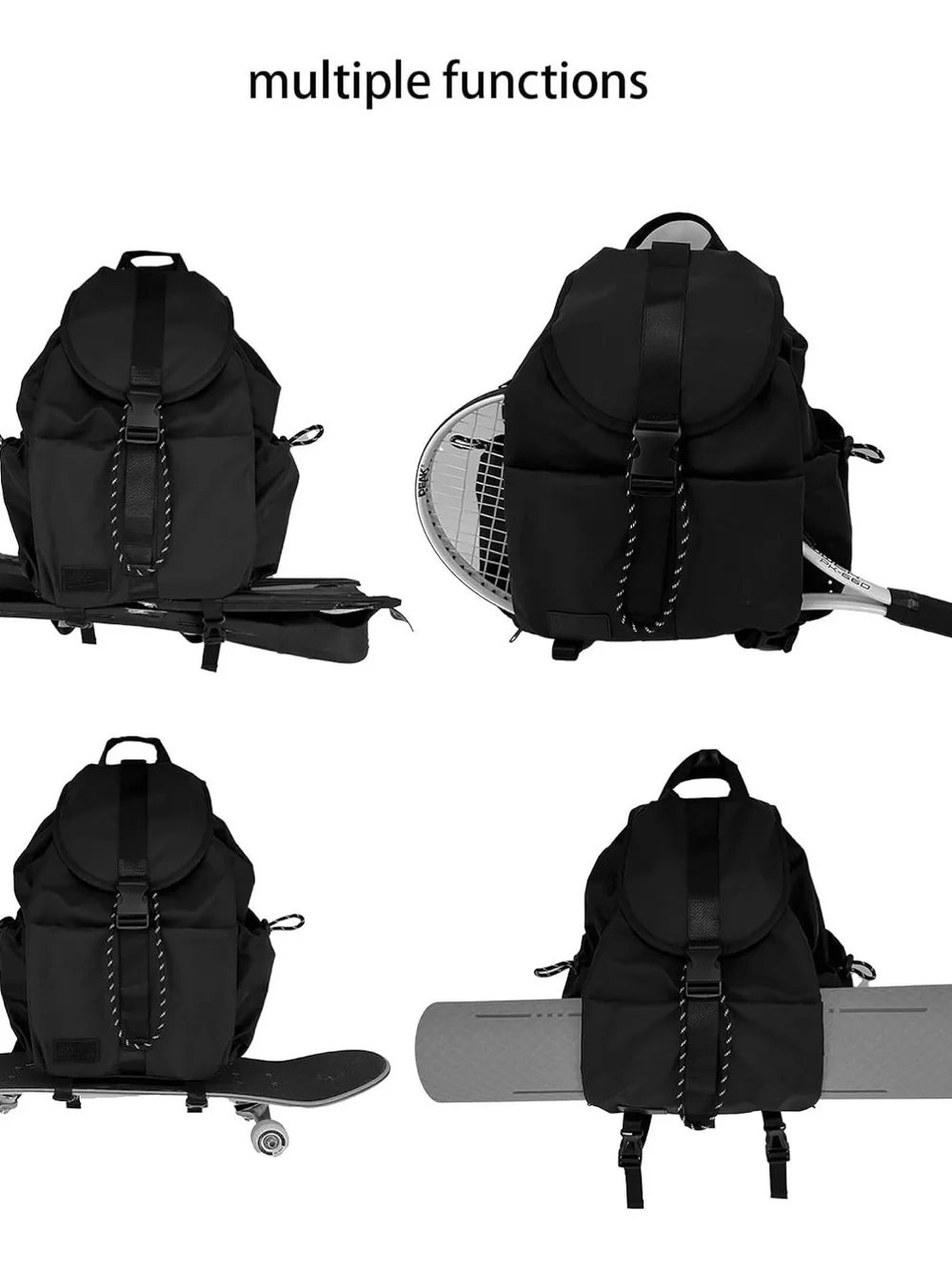 EKE Black Gym Yoga Tennis Skateboard Travel Backpack